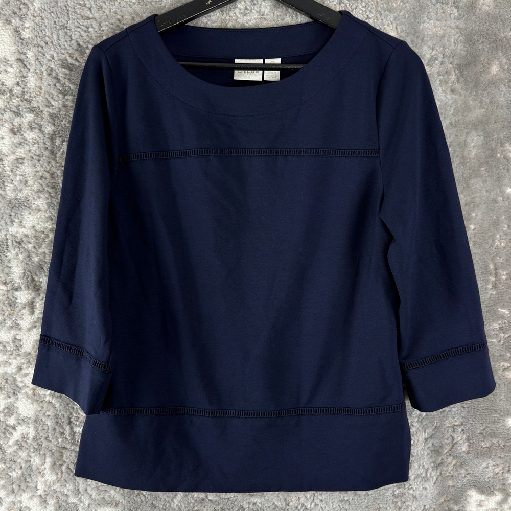 Chico's Size 0 US S Ladder Trim Boat Neck Knit Top Navy Blue 3/4 Sleeve Women - Picture 1 of 7